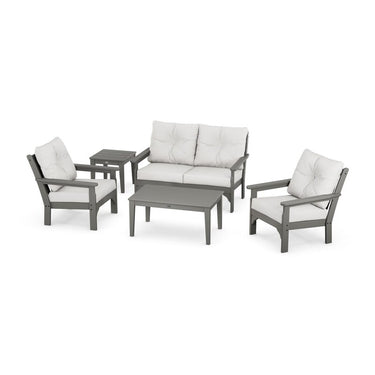 POLYWOOD Vineyard 5-Piece Deep Seating Set w/ Loveseat - Slate Grey / Natural Linen